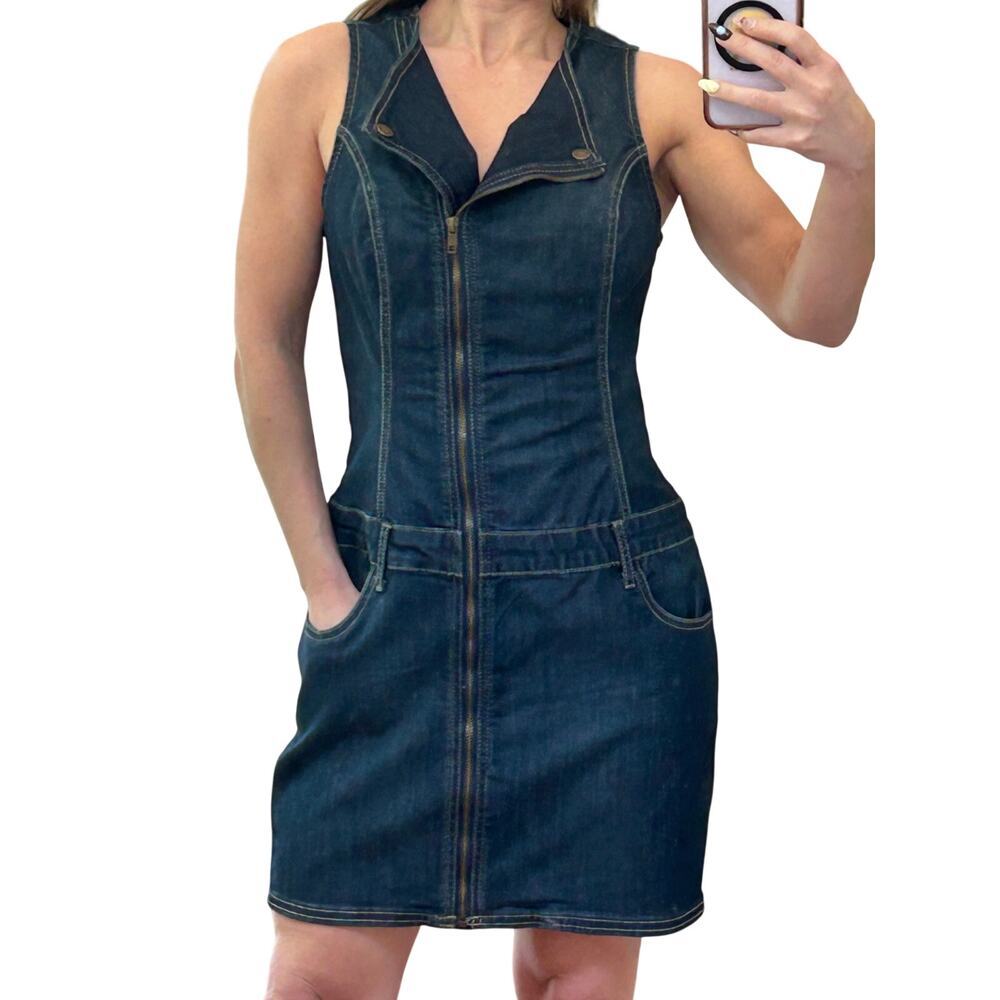 G by GUESS Blue Denim Asymmetric Moto Zip Mini Dress S